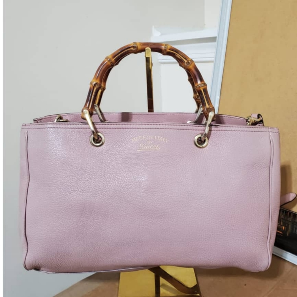 Authentic GUCCI Calfskin Large Bamboo Shopper Tote Rose Beige
